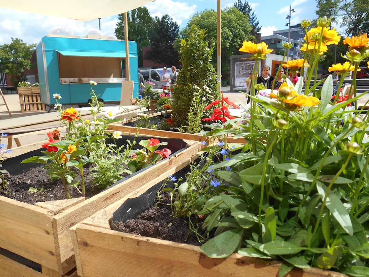Küchenmobil und urbanes Gardening auf dem Brunnenplatz